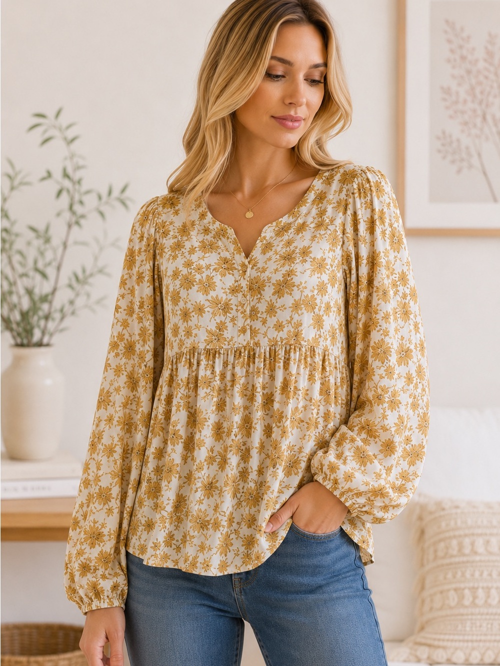 Solitaire Mustard Floral Peasant Blouse